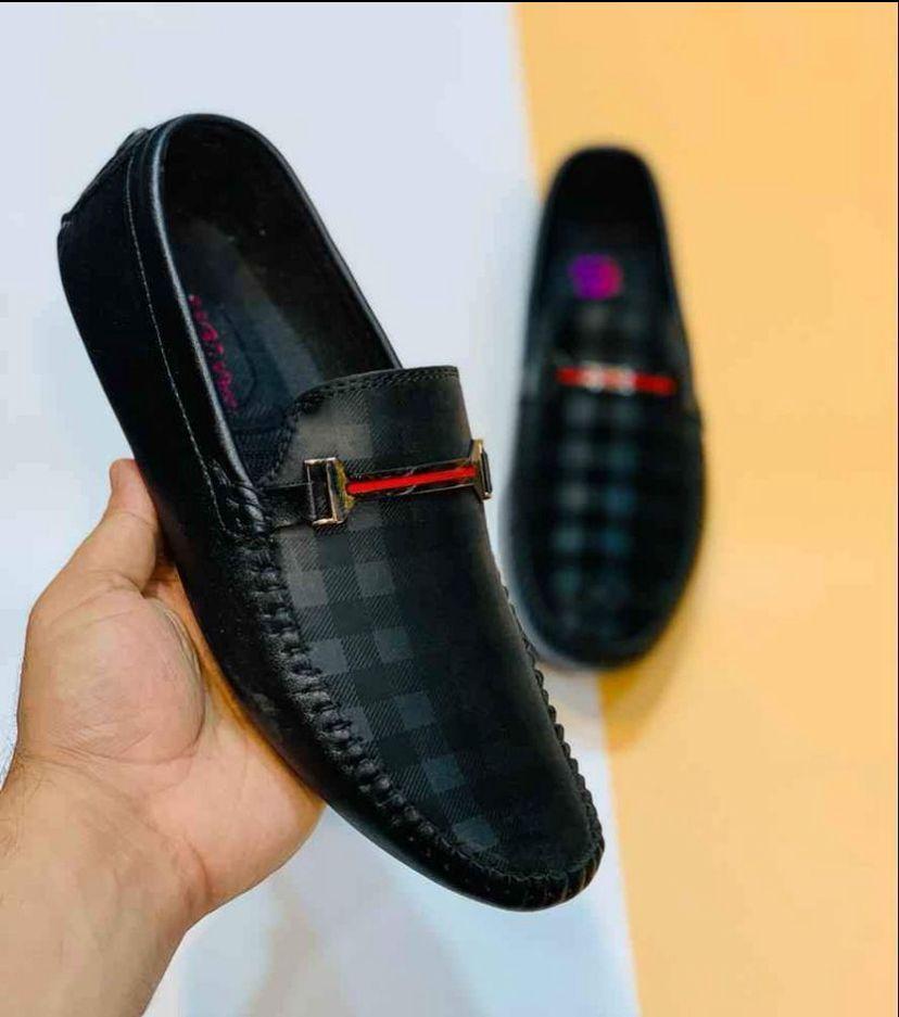 Men's Black Checkered Rexine Loafers with Buckle & Red Gold Accents