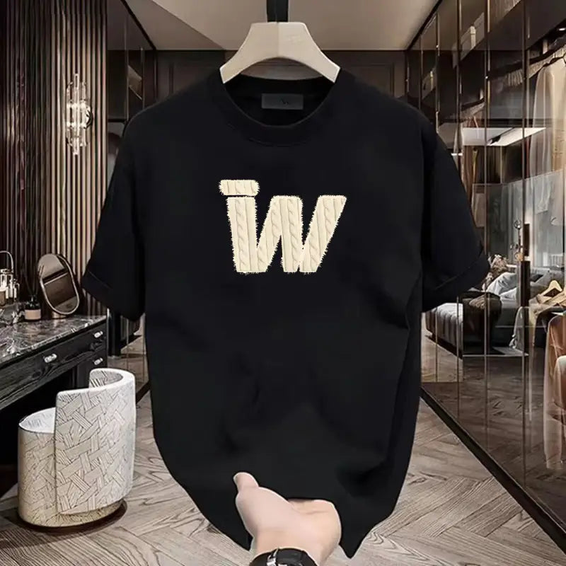 Black Heavy Cotton Round Neck T-Shirt with "TW" Print